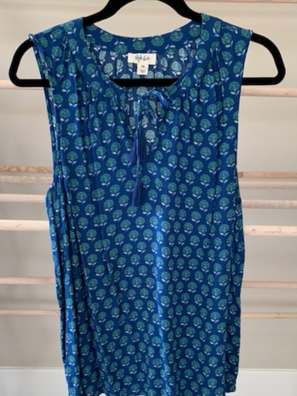 Style & Co Blue Floral Block Print Split Neck Tassel Tie Tank Top XXL